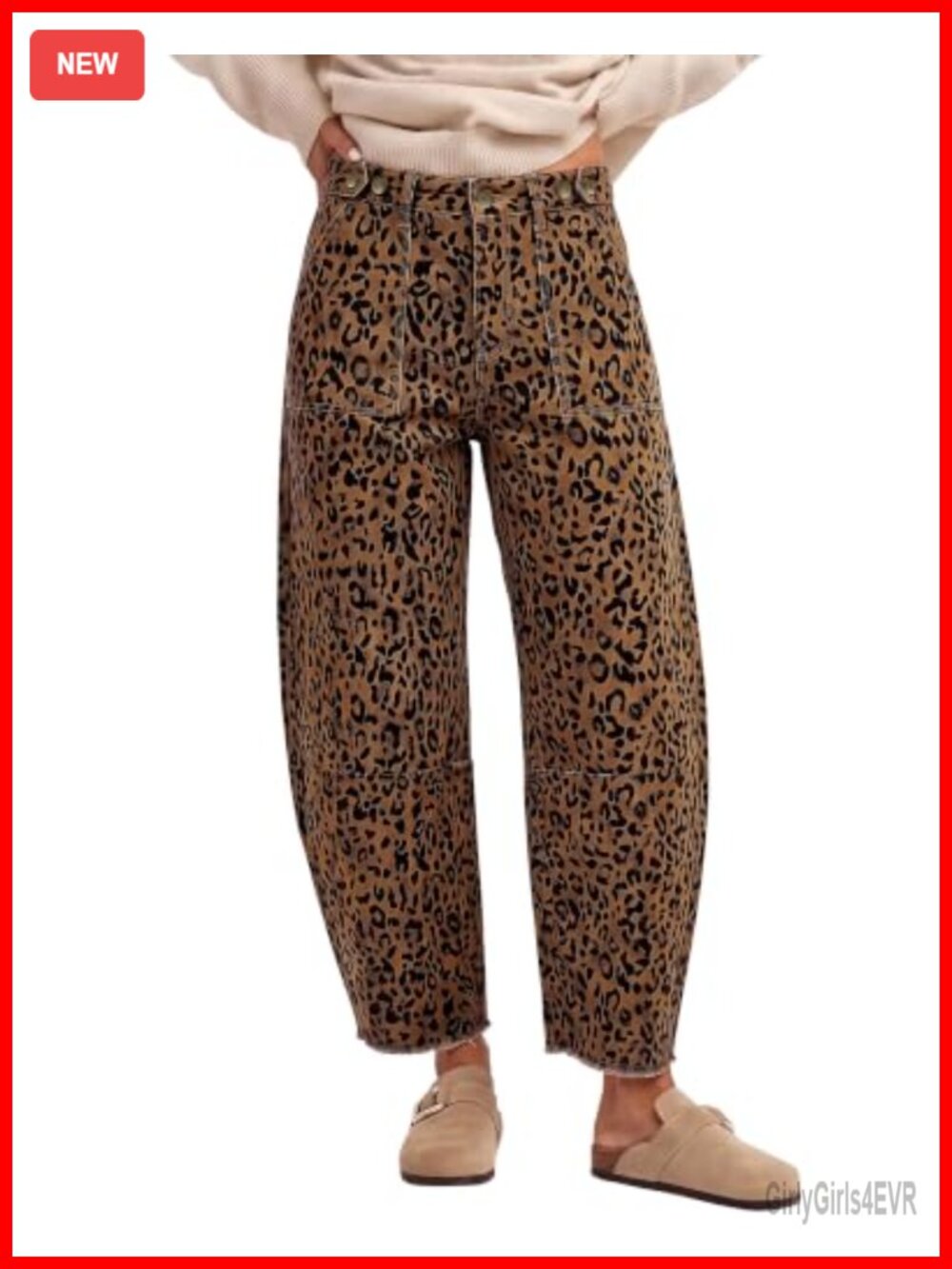 High Rise Cheetah Print Barrel Jeans Frayed Hem Wide Leg Denim